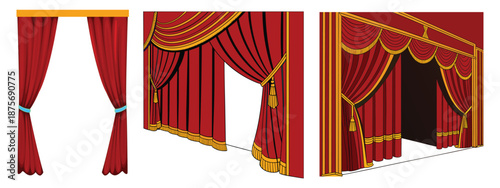 Realistic 3D Set of Red Velvet Theater Curtains Open and Closed Long and Short Top Borders Isolated on White Background. Vector illustration