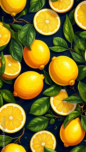 Vivid, vibrant, and juicy lemons, whole and sliced, amidst lush green leaves against a dark backdrop, creating a fresh pattern