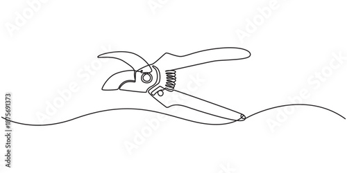Continuous one line drawing of secateurs plant equipment. Plant scissors in single line draw Vector Illustration, Editable Stroke,  cutting plier in silhouette sketch, line art pliers vector concept.