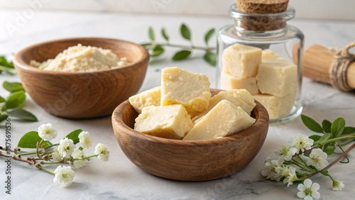 Natural Cocoa Butter Chunks in Wooden Bowl – Organic Butter for Skincare, Cosmetics and DIY Beauty