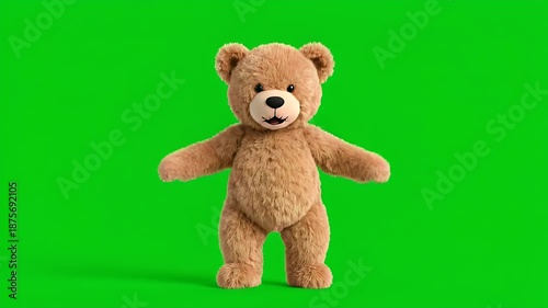 Animated fluffy teddy bear dancing on chroma key green screen