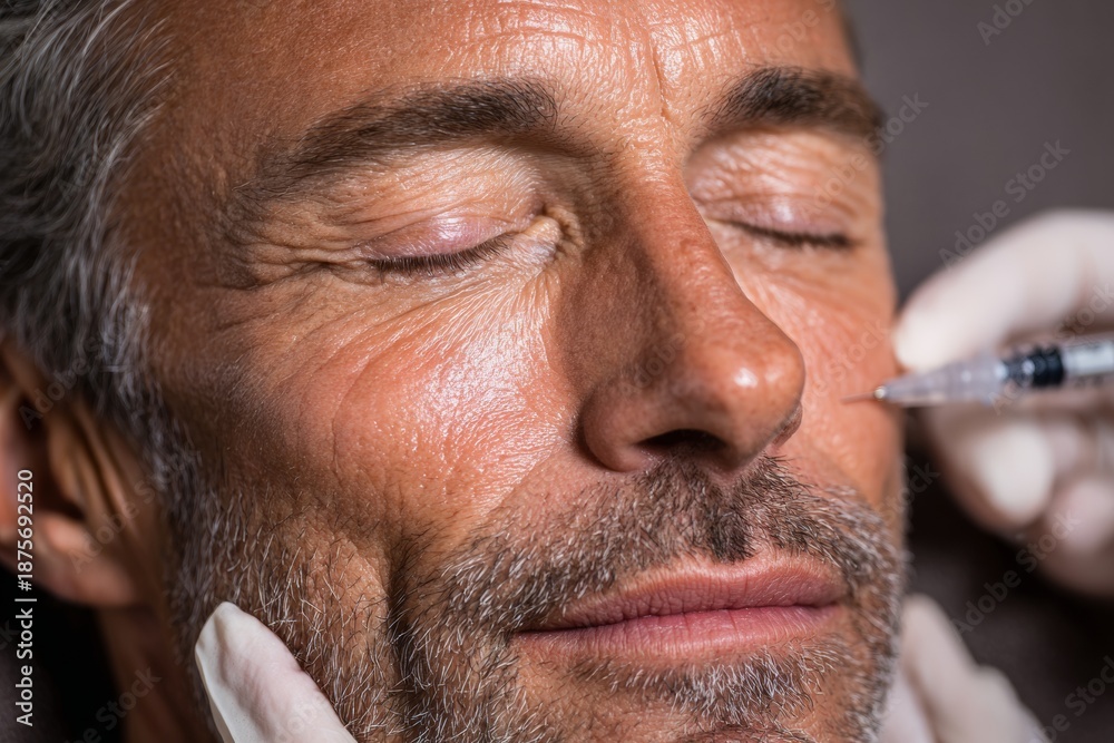 Fototapeta premium Man Receiving Facial Treatment in a Clinic During the Daytime While a Healthcare Professional Administers an Injection
