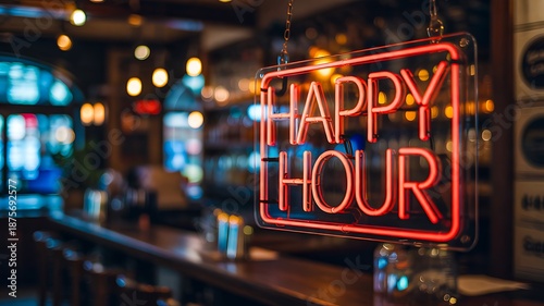 Happy hour neon sign glowing inside bar
