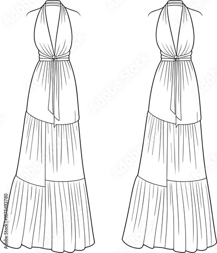 Halter neck dress fashion design, technical flat sketch, vector illustration, tiered maxi gown, deep V neckline, sash waist, CAD drawing