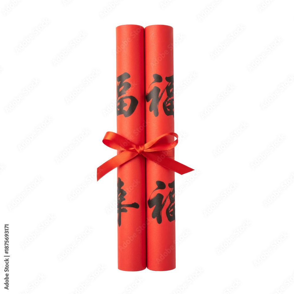 Obraz premium Red Scrolls Tied With Ribbon Featuring Chinese Calligraphy for Lunar New Year Decoration Celebration