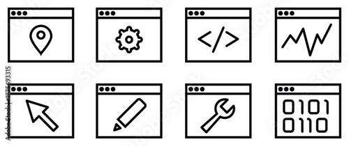 Collection of line icons for web development, settings, analytics, and digital tools
