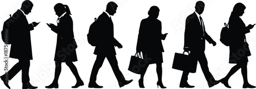 Business people walking silhouettes set, black vector illustration featuring professional men and women with bags and smartphones, urban corporate lifestyle concept isolated on white background