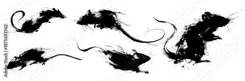 Chinese new year rat zodiac brush painting with dynamic ink strokes on white background