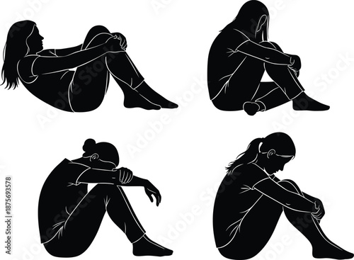 Silhouette set of sad seated woman poses, black vector illustration featuring emotional body language, depression concept characters, isolated on white background