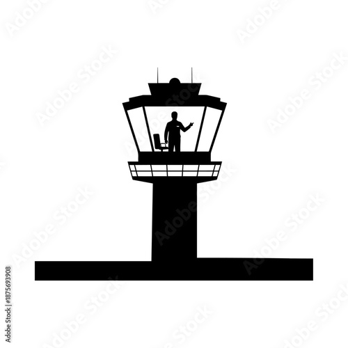 Airport Control Tower Silhouette Minimalist Black and White Design.