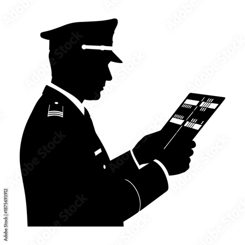 Law Enforcement Officer Checking Digital Tablet Silhouette.