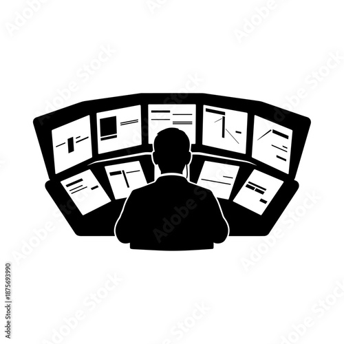 Silhouette of Professional Monitoring Multiple Computer Screens.