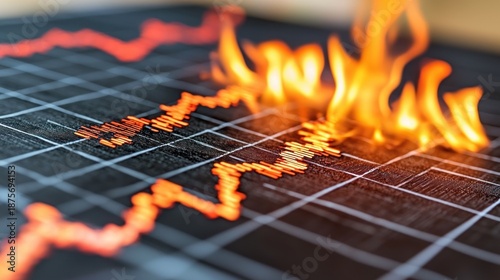 Burning graph, flames rising on a black background