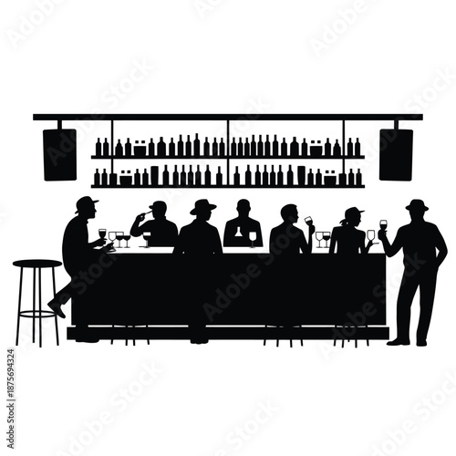 silhouette of people sitting and standing at a bar with bottles on shelves