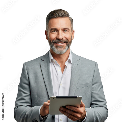 Smiling middle aged businessman with beard holding digital tablet computer isolated on transparent background