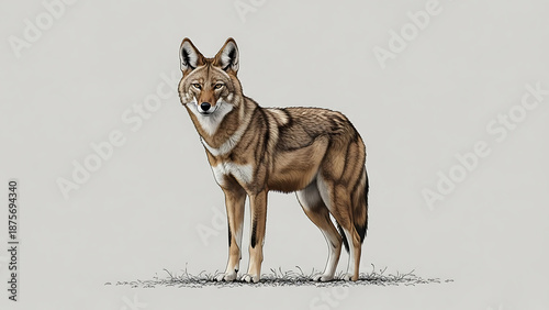 Illustration of a red wolf standing against a white background, a wild canine