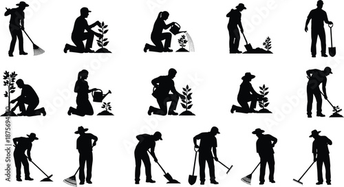 Gardening people silhouette set showing planting watering raking and digging activities, eco lifestyle and farming work black vector illustration
