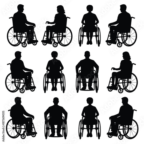 silhouettes of people in wheelchairs in various positions and orientations