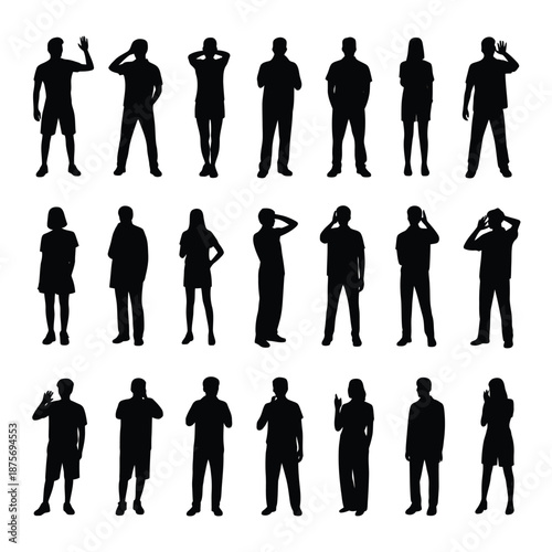 collection of black silhouettes of people in various poses and outfits