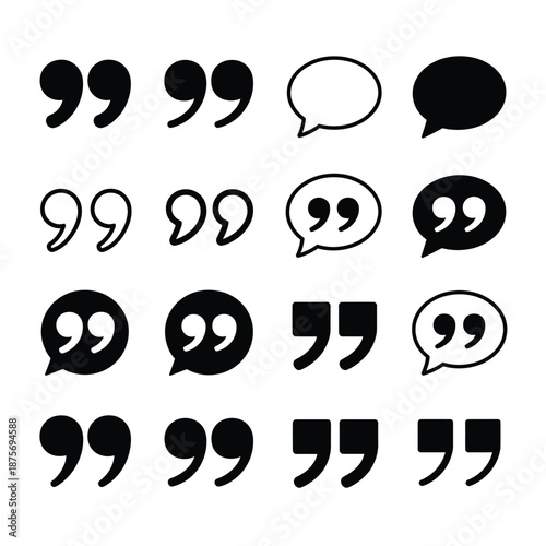 a collection of black and white quotation marks and speech bubbles