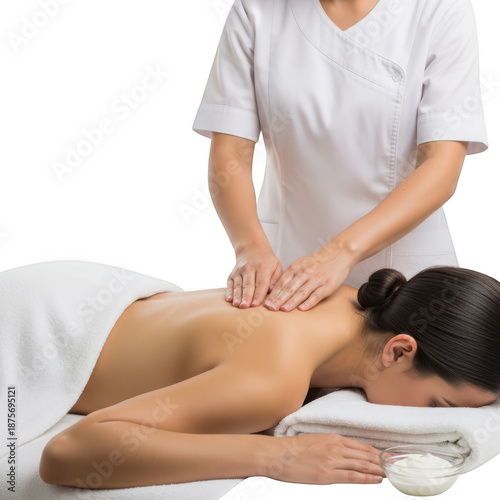 Woman receiving a relaxing back massage from a therapist in a spa setting isolated on transparent background