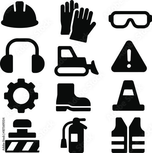 Vector icons for industrial and workplace safety, highlighting essential protective equipment, machinery, warning signs, and tools for occupational health and hazard prevention