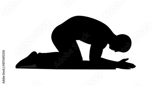 Vector silhouette of a man in Sujud (prostration) position on a prayer mat, humble posture, clean profile outline, solid black, isolated on white background.