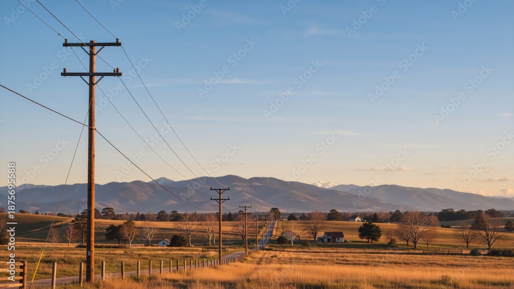 Fototapeta premium A rural countryside landscape with a country road and utility poles at sunset. Scenic view of golden fields and a mountain range with snow-capped peaks in the background.