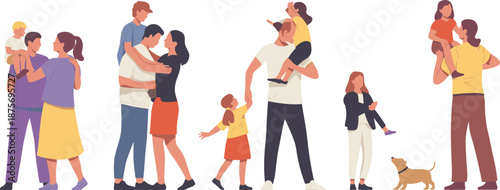 Family silhouettes, bonding moments, parents and children, playful interaction, love, pet dog, vector illustration, emotional connection, black icon