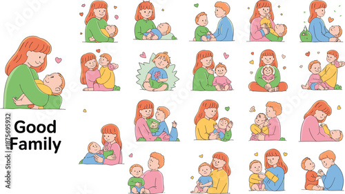 Good family, parenting love, mother and child, baby care, hugging, feeding, bonding, cartoon style, emotional warmth, vector illustration