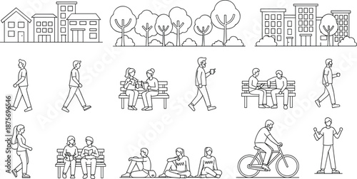 Urban lifestyle, city park, people walking, outdoor activity, public space, community interaction, casual fashion, social gathering, mobile usage, fitness, cycling, relaxation