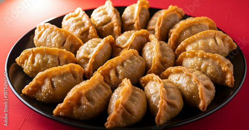 Golden Baked Dumplings Traditional Asian Appetizer Close-Up on Dark Plate