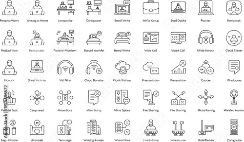 Remote work icons, communication, video call, cloud service, file sharing, router, laptop, presentation, tech tools, vector, black and white
