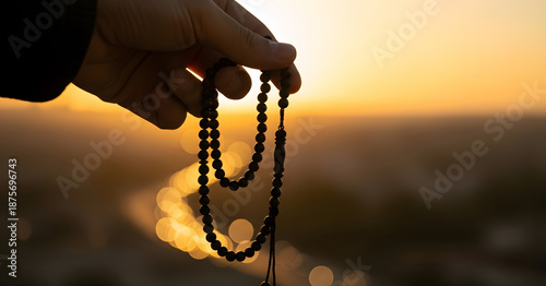 Hands holding black prayer beads at golden sunset with warm glowing light