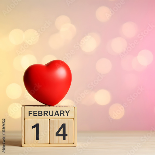 Red Heart on Wood Calendar for Valentine's Day February 14 Love Celebration Romantic Concept