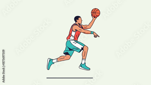A basketball player in action, jumping to pass the ball in a game.