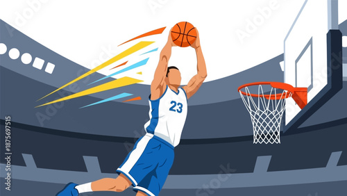 Dynamic basketball player soaring for a slam dunk in a vibrant arena.