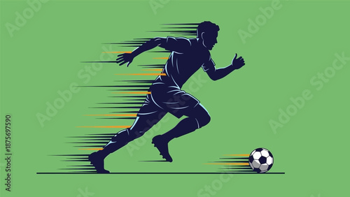 Dynamic vector illustration of a soccer player in motion, kicking the ball with speed and precision on a green background.