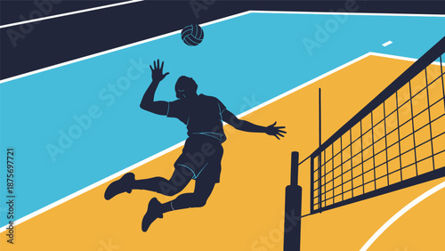 Volleyball player silhouette spiking ball over net on court illustration.