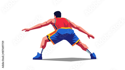 Illustration of a basketball player in defensive stance on white background.