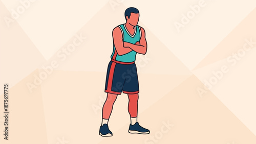 A basketball player stands with arms crossed, ready for the game.