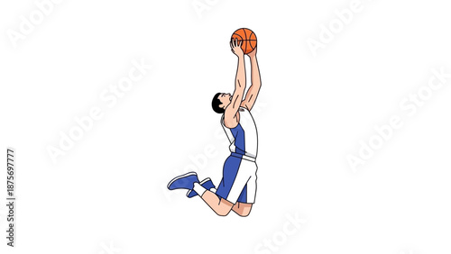 A basketball player jumps high to shoot the ball in a game.