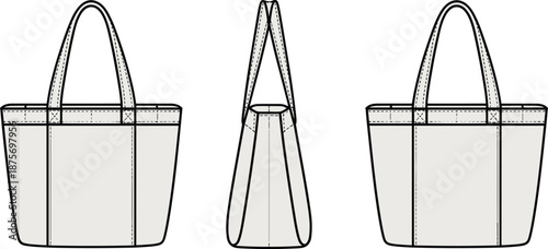 Tote bag technical line drawing, front side back views minimalist shopping handbag outline illustration for fashion accessory product design vector