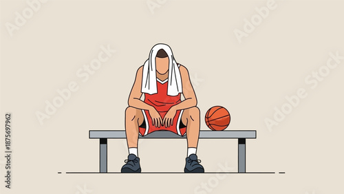 Illustration of a tired basketball player sitting on a bench with a towel over his head.