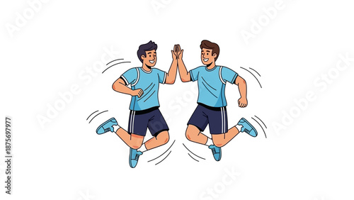 Two happy men jumping and giving a high five, celebrating success and teamwork.