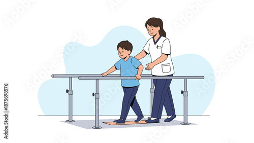 Young boy practicing walking with parallel bars during a physical therapy session assisted by a female nurse.
