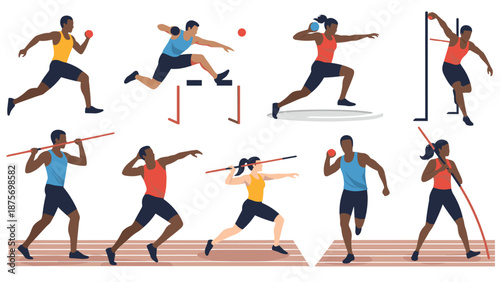 Set of illustrations featuring diverse male and female athletes performing various track and field sports events.