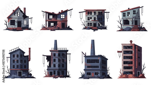 Collection of eight different abandoned and ruined urban buildings showing signs of decay and structural damage.