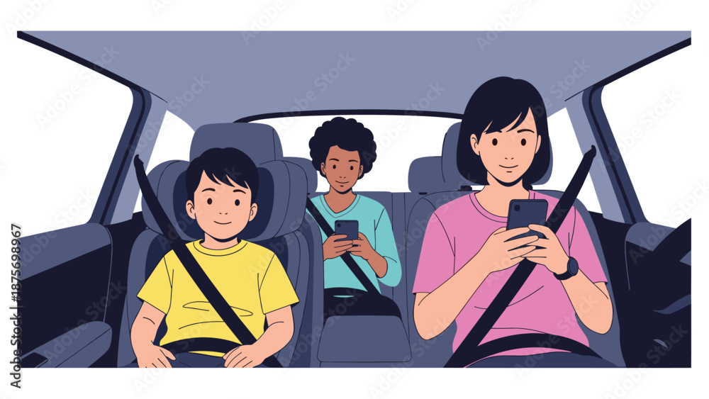 Obraz premium Distracted woman driving a car while using her smartphone while her two children are seated safely in the back seat.