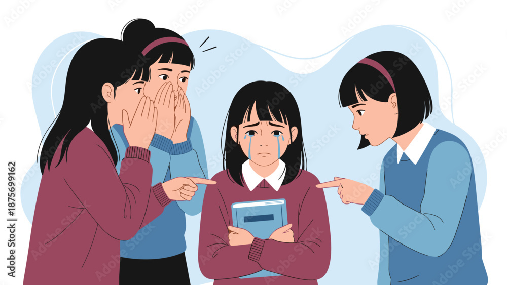 Obraz premium Sad young schoolgirl holding a book and crying while being bullied and pointed at by a group of female classmates.